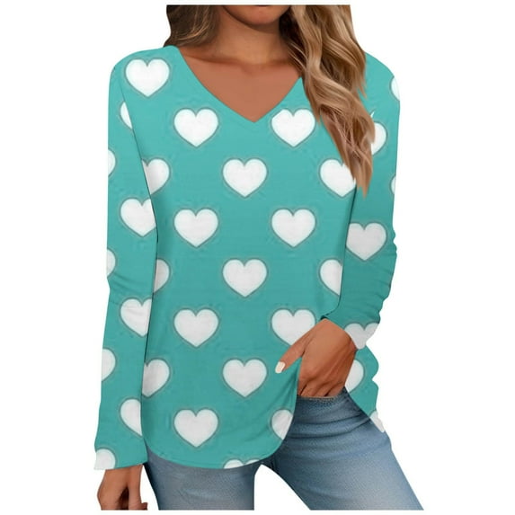 Luxalzxs Valentines Day Tops for Women 2024 Oversized Casual Cute Love Heart Graphic Print Tops Sexy V-Neck Long Sleeve Shirts