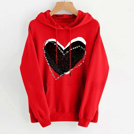 Luxalzxs Valentines Hoodies for Women Love Heart Cute Graphic Valentines Day Sweatshirts Teen Girls Preppy Long Sleeve Hooded Holiday Tops with Pockets