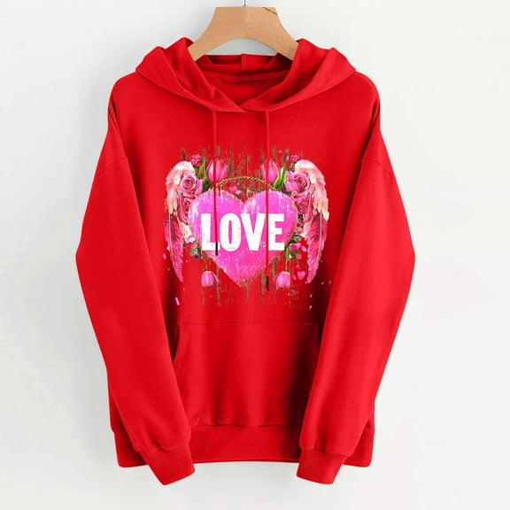 Luxalzxs Valentines Hoodies for Women Love Heart Cute Graphic Valentines Day Sweatshirts Teen Girls Preppy Long Sleeve Hooded Holiday Tops with Pockets