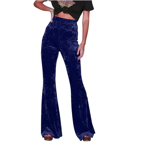 Luxalzxs Velvet Flare Pants for Women High Waist Wide Leg Bell Bottoms 70S Fashion Solid Color Casual Comfy Pleuche Trousers