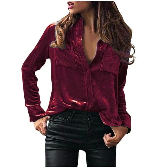 Luxalzxs Velvet Tops for Women Long Sleeve Golden Velvet Blouse Shacket Button Down Vintage Lapel Collar Blouse Shirt with Pocket