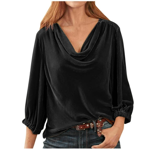 Luxalzxs Velvet Tops for Women Long Sleeve Solid Color Gold Velvet Stacked Collar Pleated T-Shirt Blouse Vintage Loose Velour Tops