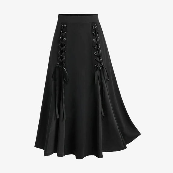 Luxalzxs Victorian Long Skirt for Women High Waist Pleated Lace Up Vintage A-Line Flowy Gothic Renaissance Colorblock Midi Skirts Court Skirts