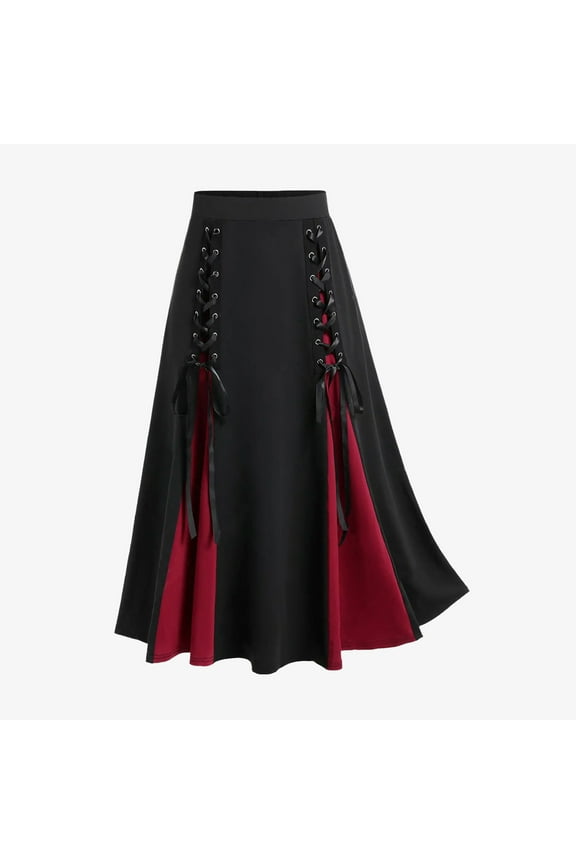 Luxalzxs Victorian Long Skirt for Women High Waist Pleated Lace Up Vintage A-Line Flowy Gothic Renaissance Colorblock Midi Skirts Court Skirts