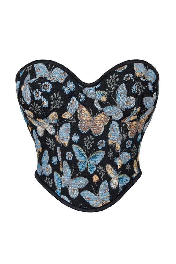 Luxalzxs Vintage Renaissance Corset Top for Women Butterfly Floral Pattern Bustier Lace-Up Boned Overbust Lingerie Bodyshaper Crop Top