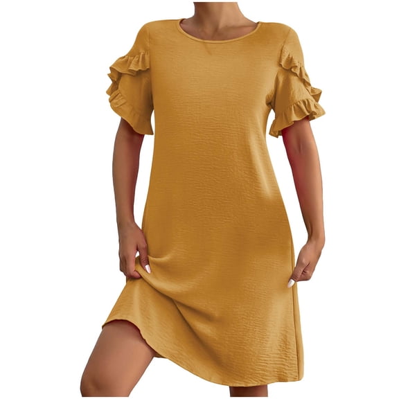 Luxalzxs Wedding Guest Dresses for Women Fashion Casual Round Neck Solid Color Dresses Summer Short Sleeve Knee-High Dress