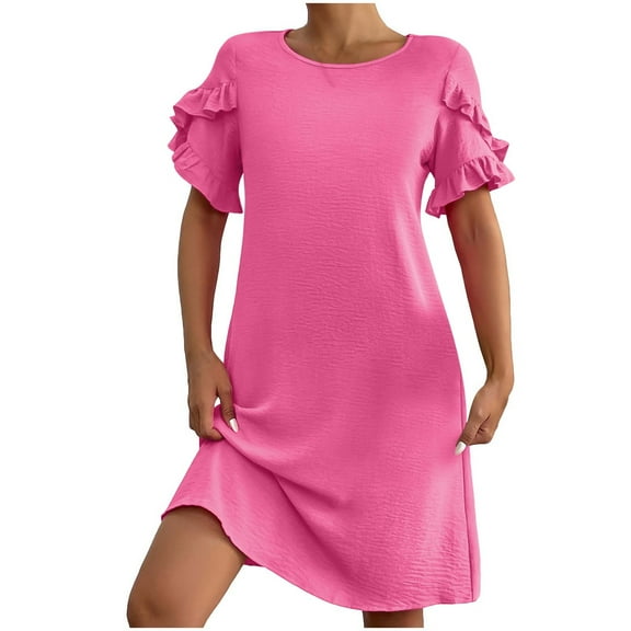 Luxalzxs Wedding Guest Dresses for Women Fashion Casual Round Neck Solid Color Dresses Summer Short Sleeve Knee-High Dress