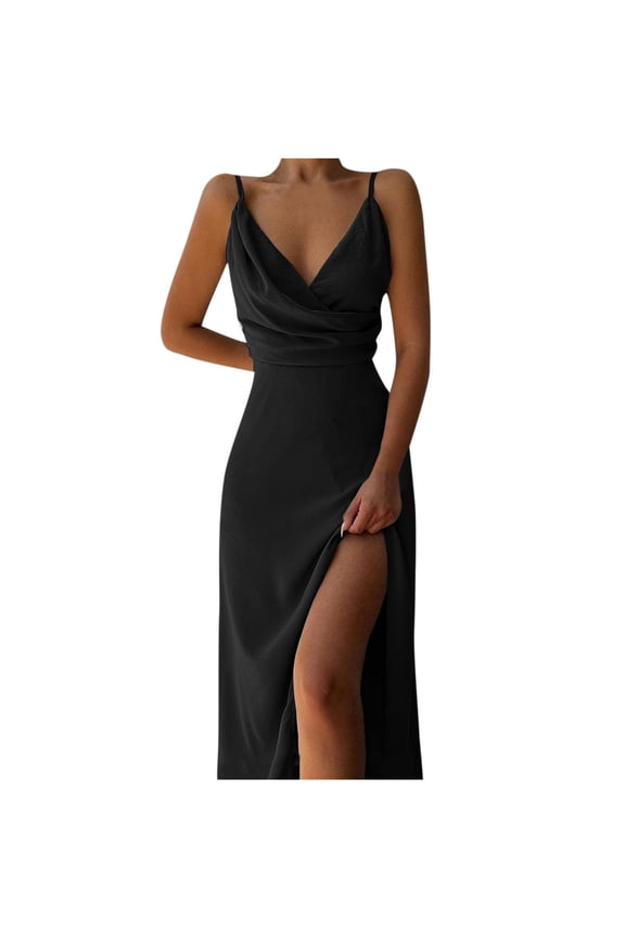 Luxalzxs Wedding Guest Dresses for Women Sexy Spaghetti Strap V-Neck Side Slit Maxi Dresses Elegant Formal Prom Cocktail Evening Long Gow