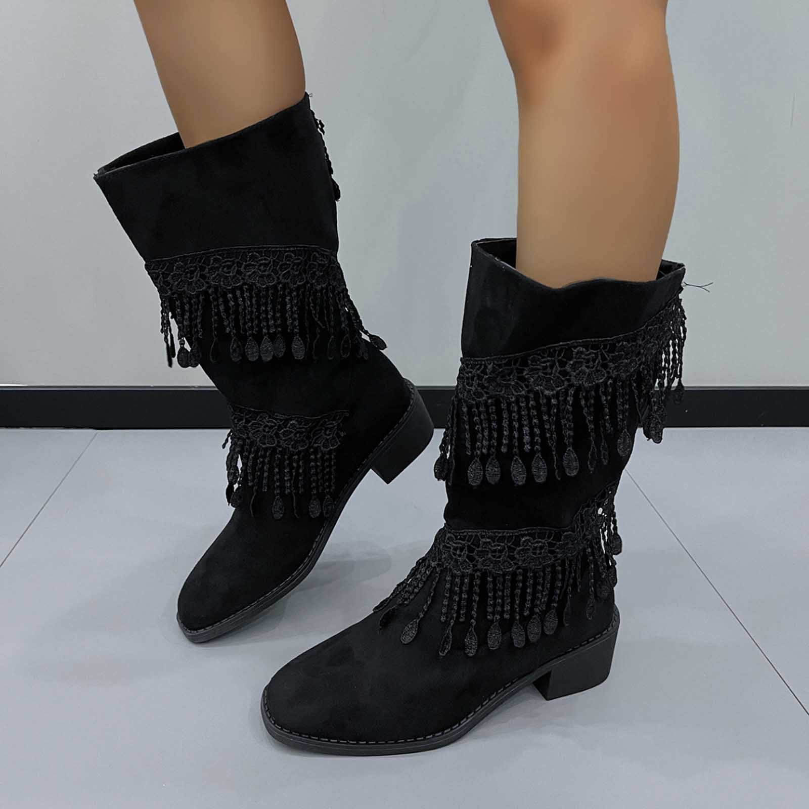 Luxalzxs Wide Calf Boots for Women Fringe Mid Calf Boots Chunky Low ...