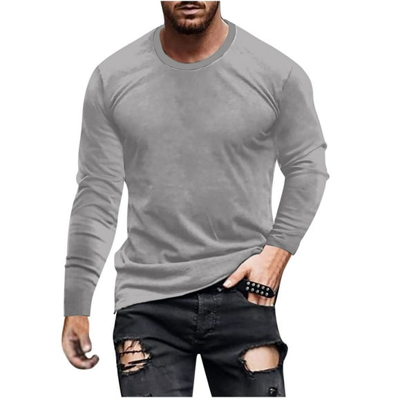 Luxalzxs Winter Basic Tops for Men Casual Fashion Solid Color Round Neck Long Sleeve Pullover T-Shirt Tops