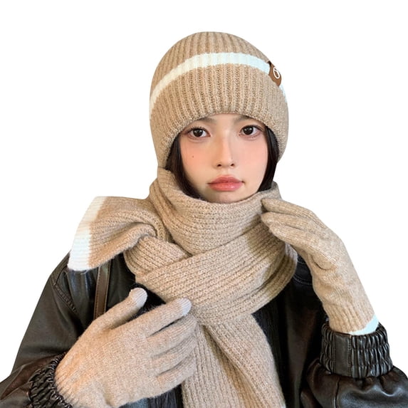 Luxalzxs Winter Beanie Hat Scarf Glove Set for Women, 3 in 1 Thermal Beanie Thickened Knit Scarf Neck Warmer Fleece Gloves Three-Piece Set