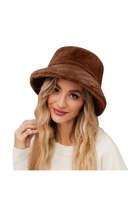 Luxalzxs Winter Faux Fur Furry Bucket Hat Fluffy Fuzzy Warm Hat Wide Brim Plush Fisherman Hat for Women Teens Girls
