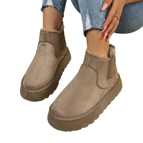 Luxalzxs Winter Snow Boots Thicken Fleece Lined Warm Cotton Shoes Solid Color Elastic Band Flat Bottom Short Cotton Boots