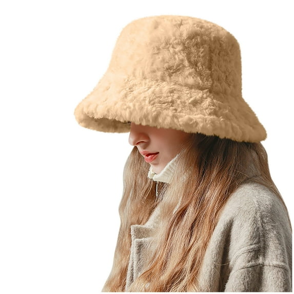 Luxalzxs Winter Warm Bucket Hat Faux Fur Fluffy Fisherman Cap for Women Solid Color Thickened Basin Hat
