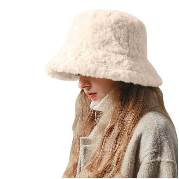 Luxalzxs Winter Warm Bucket Hat Faux Fur Fluffy Fisherman Cap for Women Solid Color Thickened Basin Hat