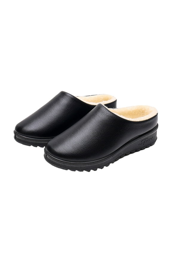 Luxalzxs Winter Warm PU Leather Slippers Slip-on Soft Bottom Anti-Skid Cotton Slippers Indoor Outdoor House Slippers