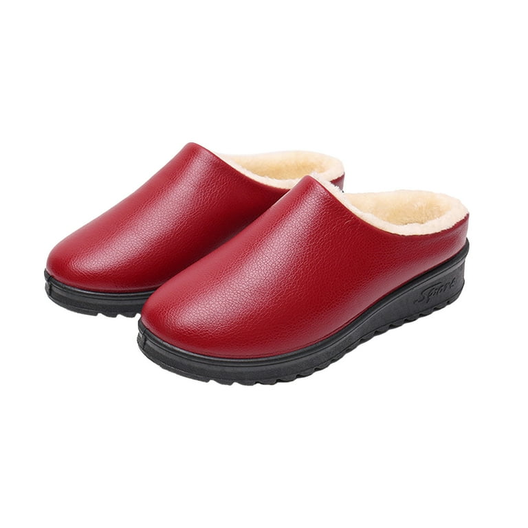 Luxalzxs Winter Warm PU Leather Slippers Slip-on Soft Bottom Anti