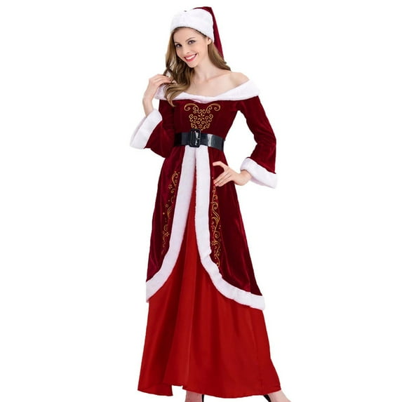 Luxalzxs Woman Fashion Red Christmas Tube Top Embroidered Dress Suit with Hat and Belt Christmas Masquerade Party Costume