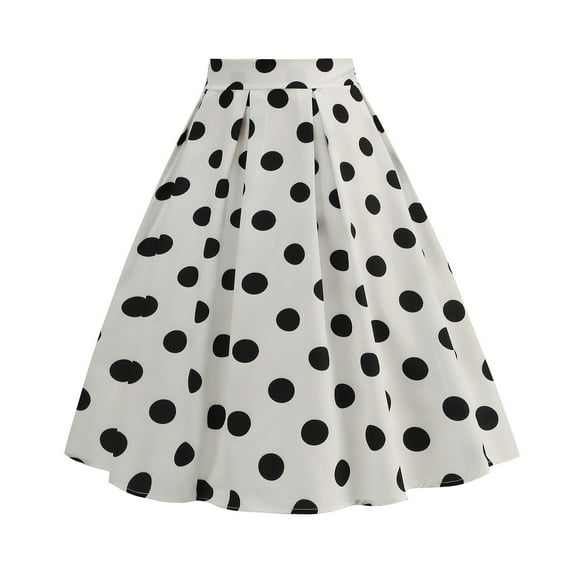 Luxalzxs Women 50s Vintage Polka Dot A Line Pleated Midi Skirt Cocktail Swing Skirt High Waist Knee Length Flared Skirt Casual Retro Belted Party Skirts