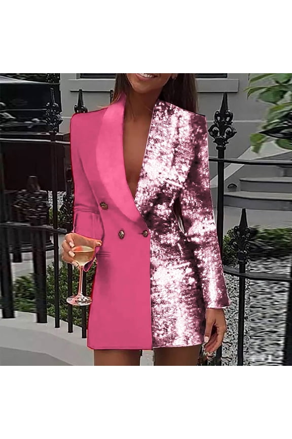 Luxalzxs Women Blazer Dress Trendy Sequin Glitter Blazer Bodycon Dress Double Breasted Casual Long Suits Jackets Mini Dress Disco Outfit