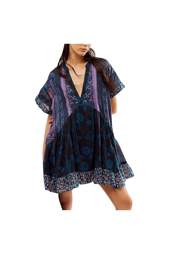 Luxalzxs Women Boho Summer Dress Y2K Babydoll Flowy Dress Ruffle Mini Dress Deep V-Neck Casual Beach Floral Sundress with Pockets