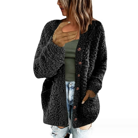 Luxalzxs Women Casual Plus Size Solid Color Plush Sweater Open Front Button Down Cardigan Fleece Winter Coat Soft Long Sleeve Outerwear with Pocket