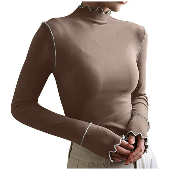 Luxalzxs Women Casual Solid Color Long Sleeve Mock Turtleneck Blouse Tops Slim Fit Stretchy Layer Tee Shirts