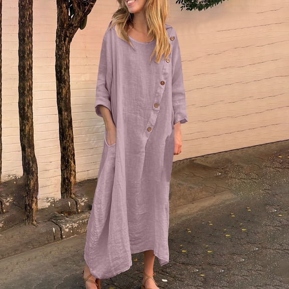 Luxalzxs Women Cotton Linen Kaftan Dress Button Long Sleeve Crewneck Shift Dresses Summer Oversized Tshirt Robe Irregular Hem Maxi Dress