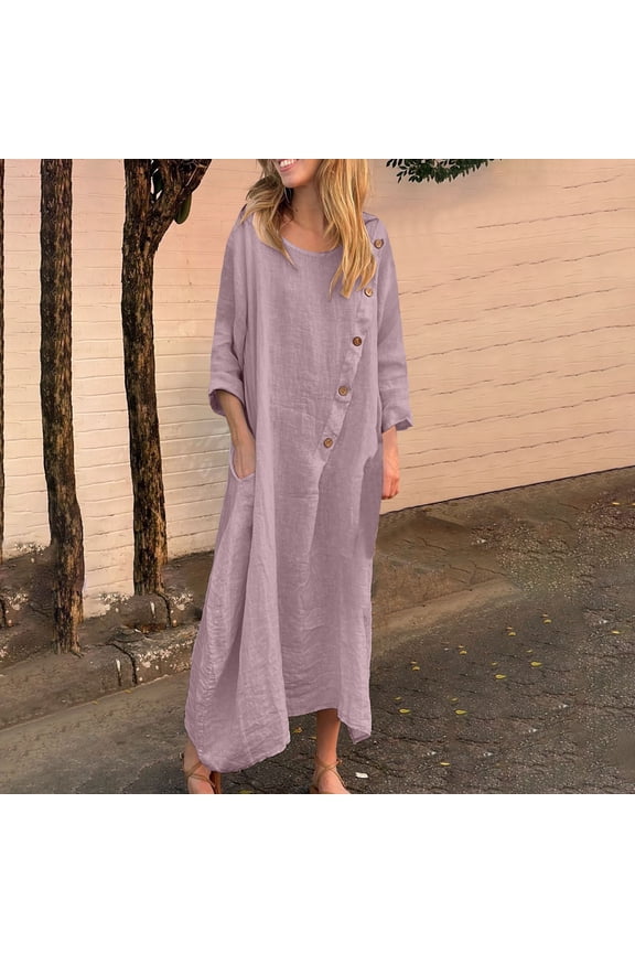 Luxalzxs Women Cotton Linen Kaftan Dress Button Long Sleeve Crewneck Shift Dresses Summer Oversized Tshirt Robe Irregular Hem Maxi Dress