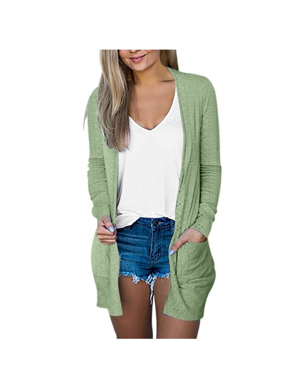 Luxalzxs Women Long Dusters Cardigan with Pockets Solid Color Casual Lightweight Long Sleeve Drape Open Front Cardigan Blouse Outwear
