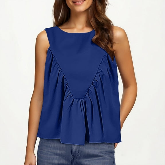 Luxalzxs Women Peplum Babydoll Tank Tops Summer Shirred Swing Crew Neck Sleeveless Loose Fit Vest Shirts Pleated Flowy Casual Ruffle Tops