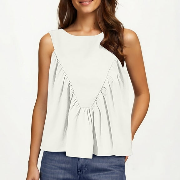 Luxalzxs Women Peplum Babydoll Tank Tops Summer Shirred Swing Crew Neck Sleeveless Loose Fit Vest Shirts Pleated Flowy Casual Ruffle Tops