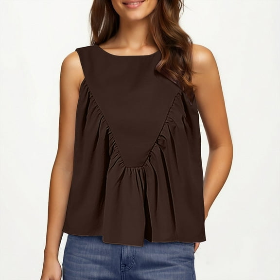 Luxalzxs Women Peplum Babydoll Tank Tops Summer Shirred Swing Crew Neck Sleeveless Loose Fit Vest Shirts Pleated Flowy Casual Ruffle Tops