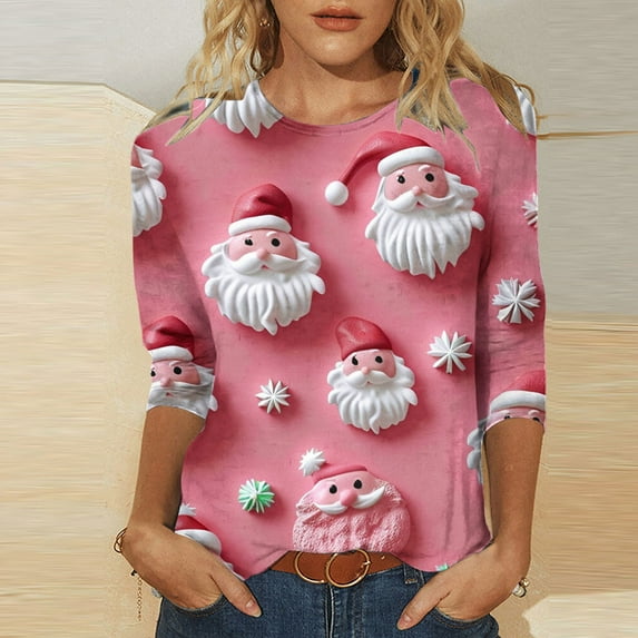 Luxalzxs Women Plus Size Merry Christmas Shirt Oversized Xmas 3/4 Sleeve Casual Crewneck Holiday Blouse Tee Shirts