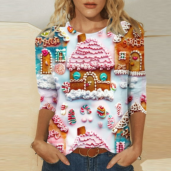 Luxalzxs Women Plus Size Merry Christmas Shirt Oversized Xmas 3/4 Sleeve Casual Crewneck Holiday Blouse Tee Shirts