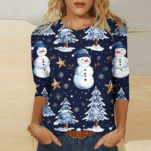 Luxalzxs Women Plus Size Merry Christmas Shirt Oversized Xmas 3/4 Sleeve Casual Crewneck Holiday Blouse Tee Shirts