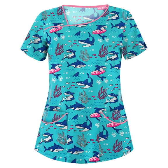 Luxalzxs Women Scrub Tops Casual V-Neck Shirts Summer Animal Printed Graphic Working Uniform Short Sleeve Medical Scrub Top