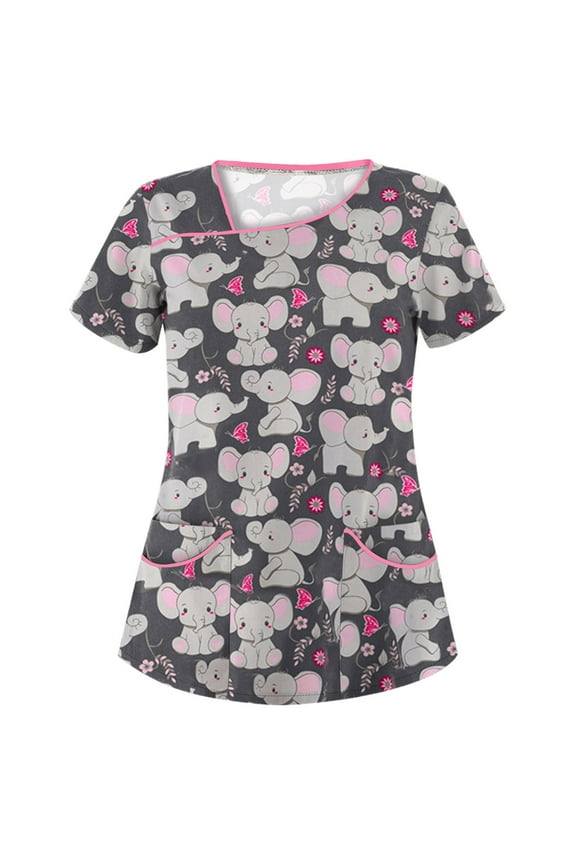 Luxalzxs Women Scrub Tops Casual V-Neck Shirts Summer Animal Printed Graphic Working Uniform Short Sleeve Medical Scrub Top