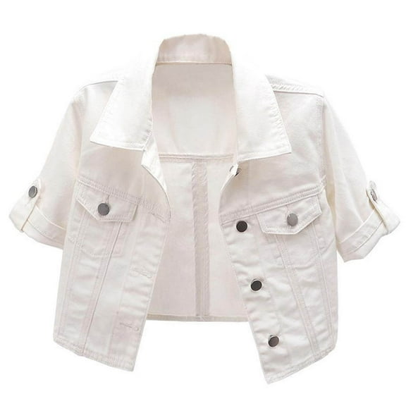 Luxalzxs Women Short Sleeve Denim Jacket Button Down Shawl Stretch Denim Jean Jacket Classic Casual Cropped Denim Cardigan White