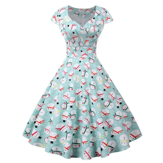 Luxalzxs Women Short Sleeve V-Neck Christmas 1950s Housewife Evening Party Prom Dress Snowflake Snowman Print Elegant Retro Cocktail Dresses