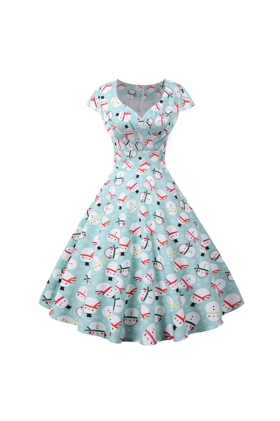 Luxalzxs Women Short Sleeve V-Neck Christmas 1950s Housewife Evening Party Prom Dress Snowflake Snowman Print Elegant Retro Cocktail Dresses