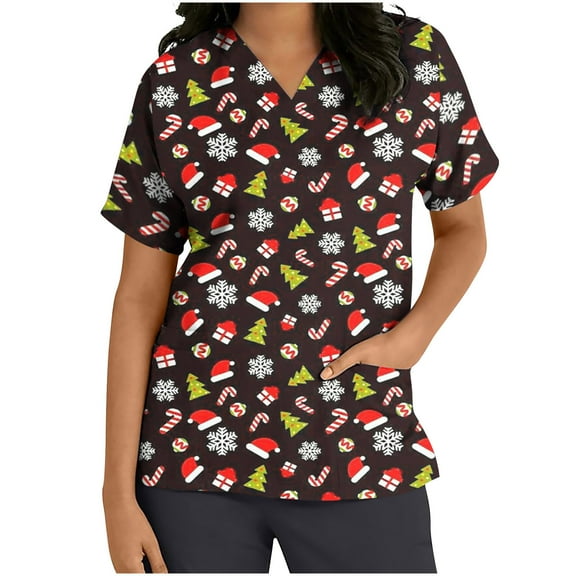 Luxalzxs Women Short Sleeve V-Neck Tops Workwear T-Shirt Christmas Print Cute Scrub Top Nurse Working Uniform Blouse with Pockets