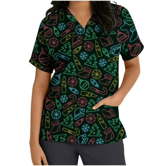 Luxalzxs Women Short Sleeve V-Neck Tops Workwear T-Shirt Christmas Print Cute Scrub Top Nurse Working Uniform Blouse with Pockets