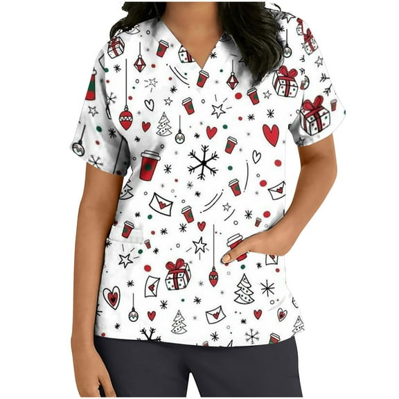 Luxalzxs Women Short Sleeve V-Neck Tops Workwear T-Shirt Christmas Print Cute Scrub Top Nurse Working Uniform Blouse with Pockets