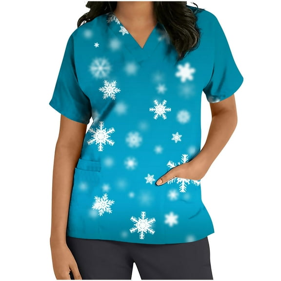 Luxalzxs Women Short Sleeve V-Neck Tops Workwear T-Shirt Christmas Print Cute Scrub Top Nurse Working Uniform Blouse with Pockets