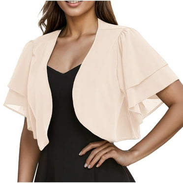 Luxalzxs Women Shrug Cardigans Open Front Ruffle Short Sleeve Sheer Chiffon Bolero Cardigan for Evening Dress Shawl Top