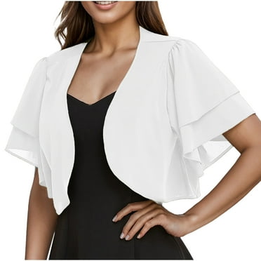 Luxalzxs Women Shrug Cardigans Open Front Ruffle Short Sleeve Sheer Chiffon Bolero Cardigan for Evening Dress Shawl Top