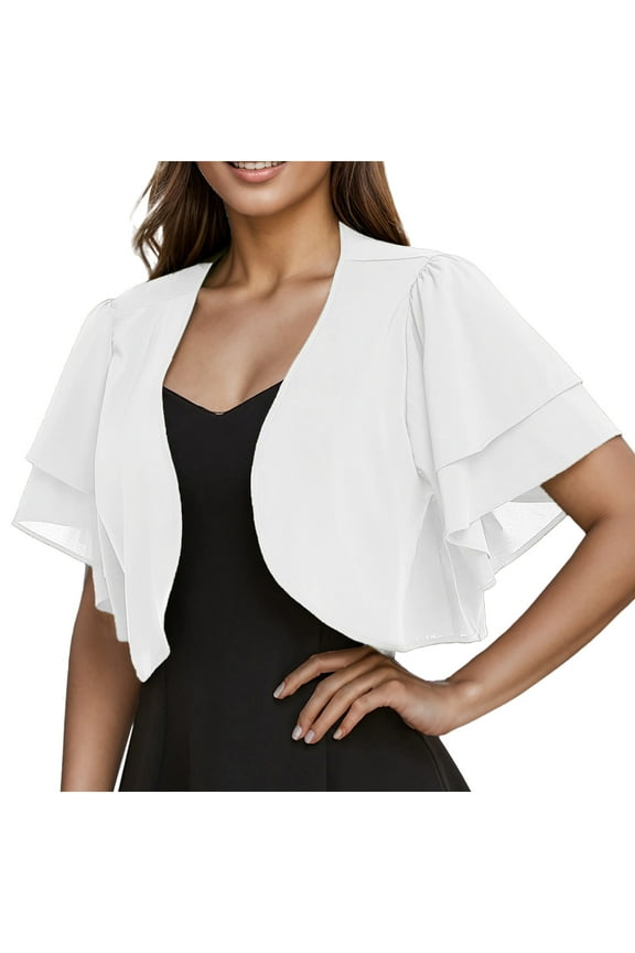 Luxalzxs Women Shrug Cardigans Open Front Ruffle Short Sleeve Sheer Chiffon Bolero Cardigan for Evening Dress Shawl Top