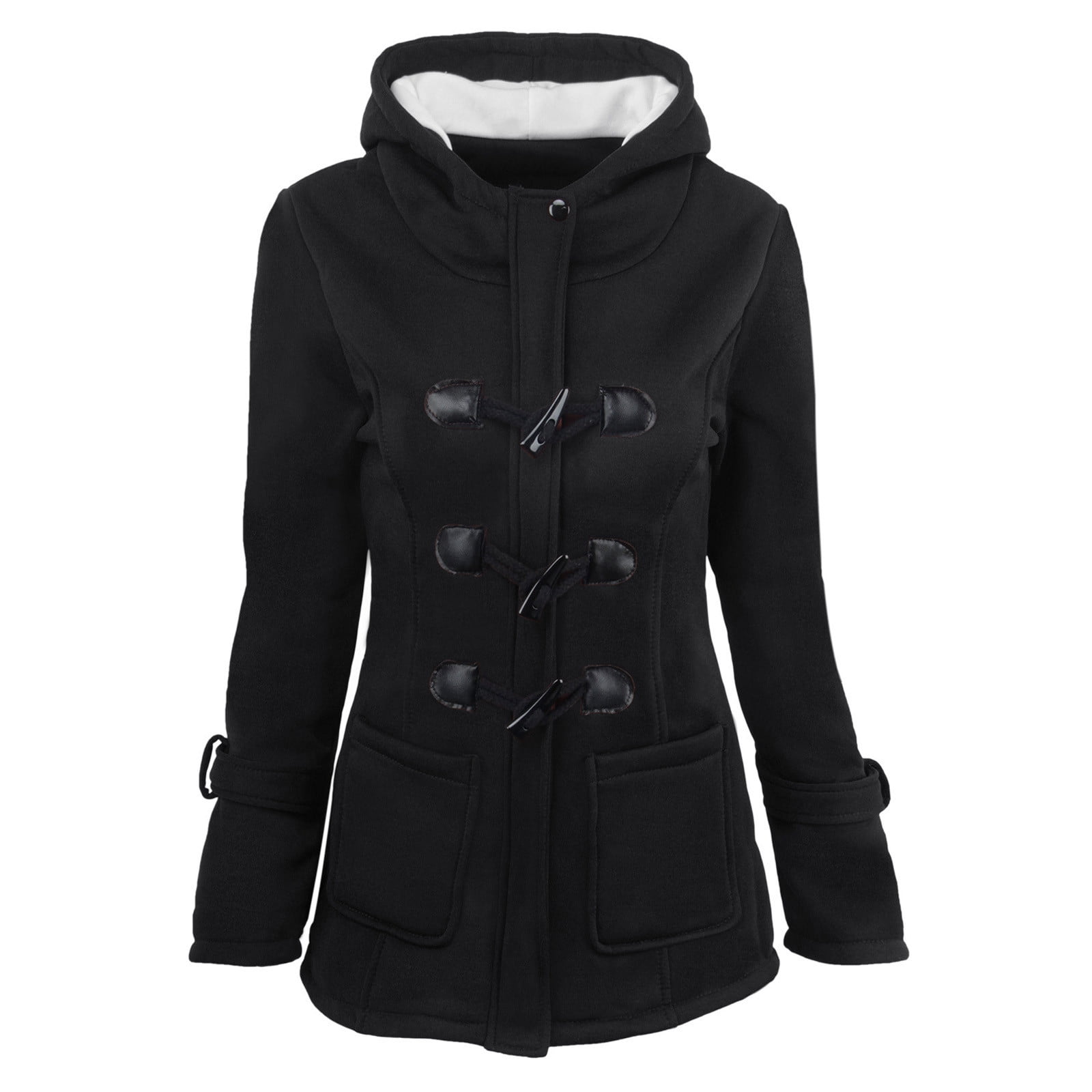 Luxalzxs Women Solid Color Horn Buttons Cardigan Padded Hooded 