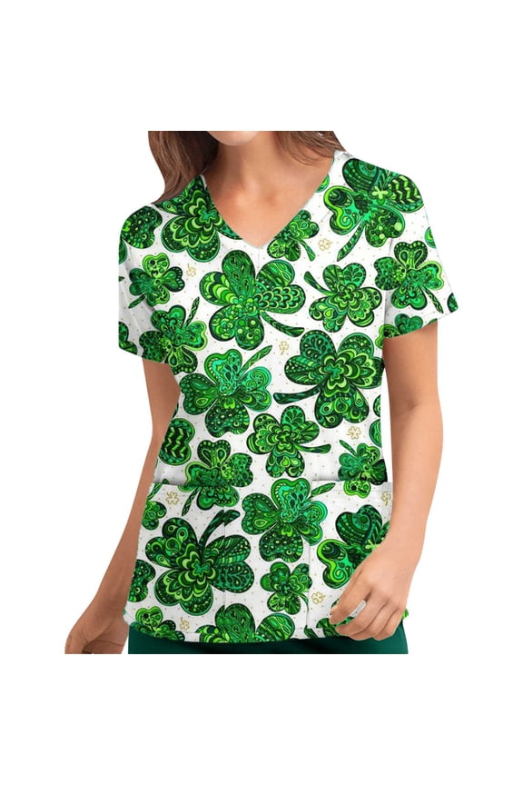 Luxalzxs Women St. Patrick's Day Scrub Tops Clover Print Short Sleeve V-Neck Tops Nursing Working Uniform